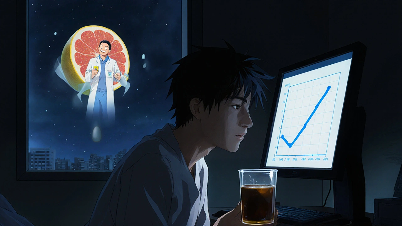 A patient in a hospital room staring at dark urine, while a ghostly grapefruit hovers outside the window.