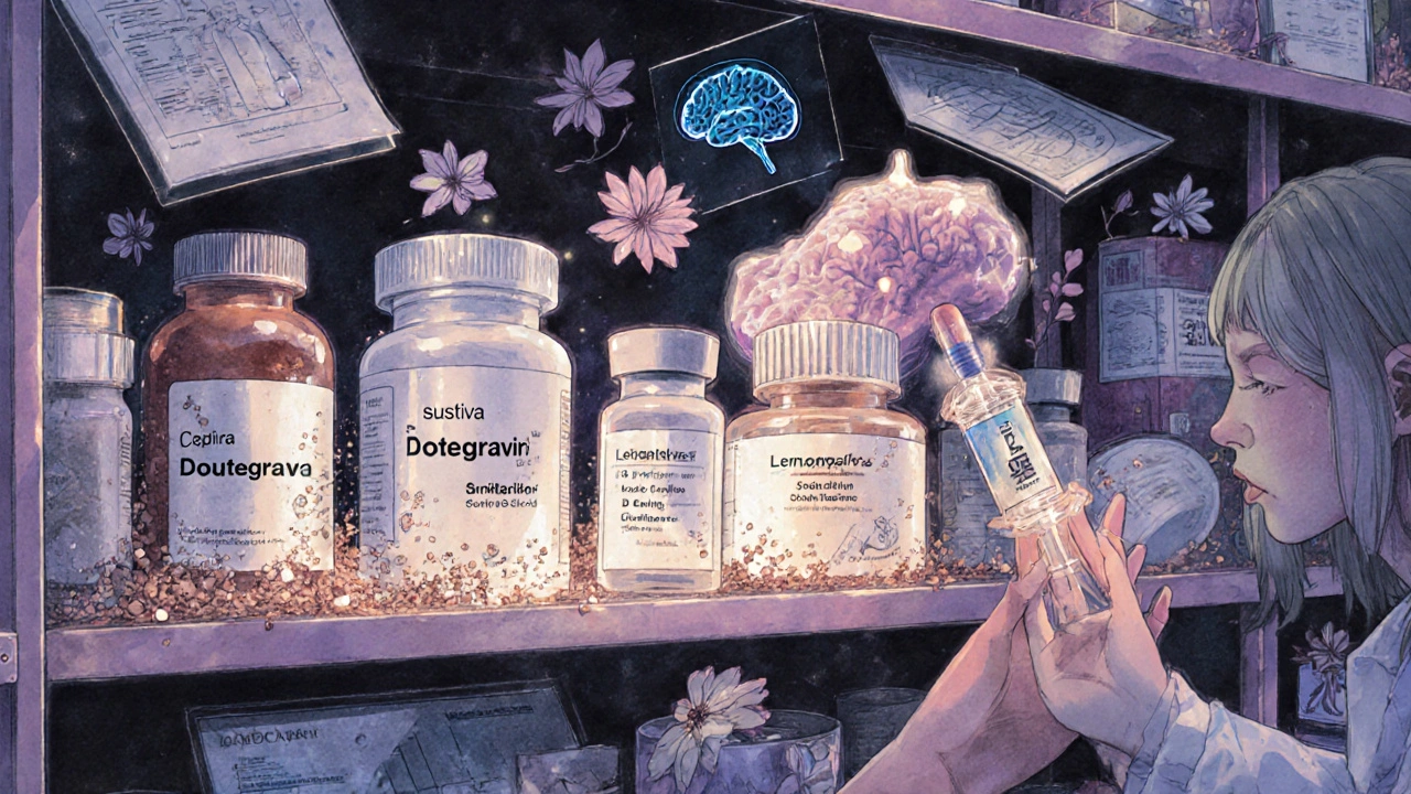 A surreal pharmacy shelf where old HIV pills disintegrate as modern treatments glow with light and life.