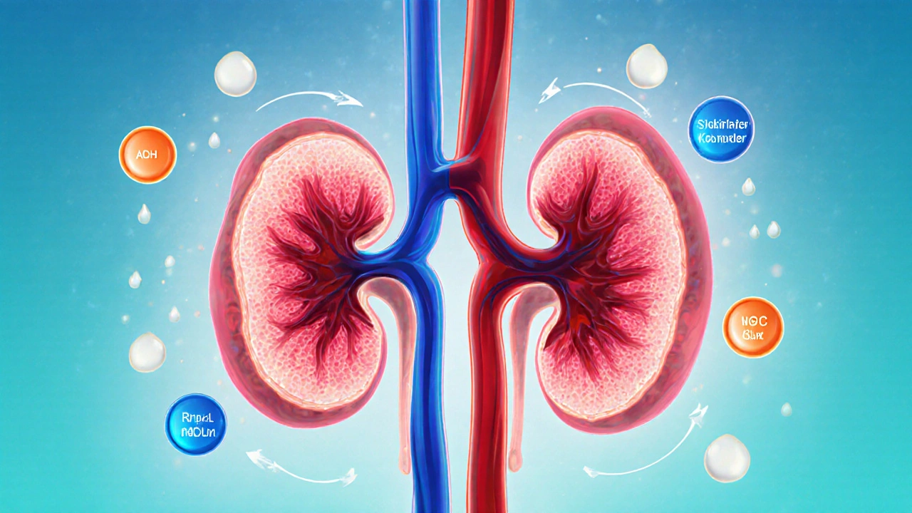 Anatomical illustration of kidneys filtering blood with hormone droplets and electrolyte icons around them.
