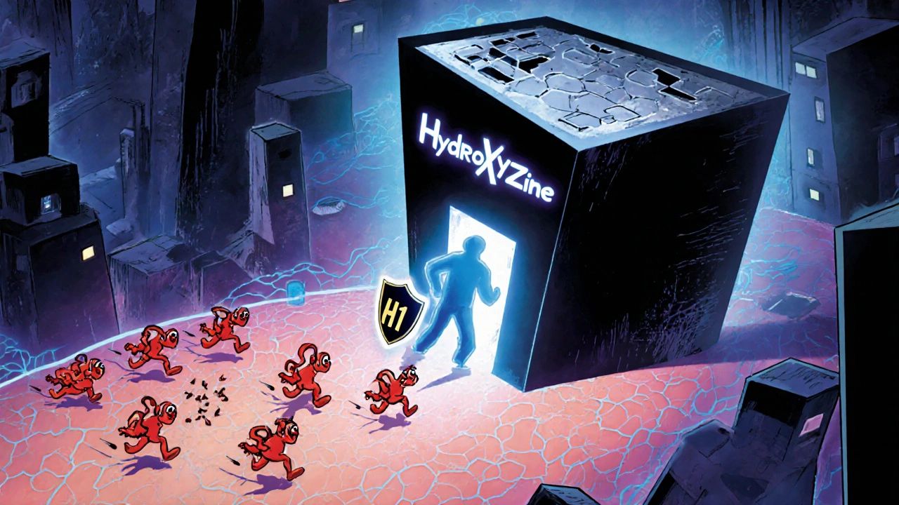 Cellular illustration showing hydroxyzine blocking histamine at an H1 receptor in a stylized cityscape.