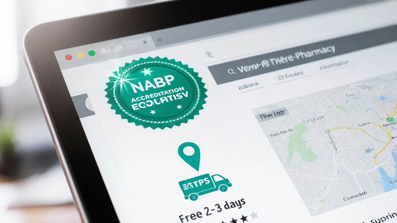 Close‑up of a pharmacy webpage showing NABP seal, HTTPS lock, address, and free shipping icons.