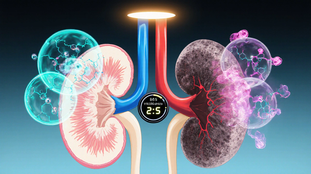 Comparison of healthy and CKD kidneys with ticlopidine metabolites and eGFR readings.