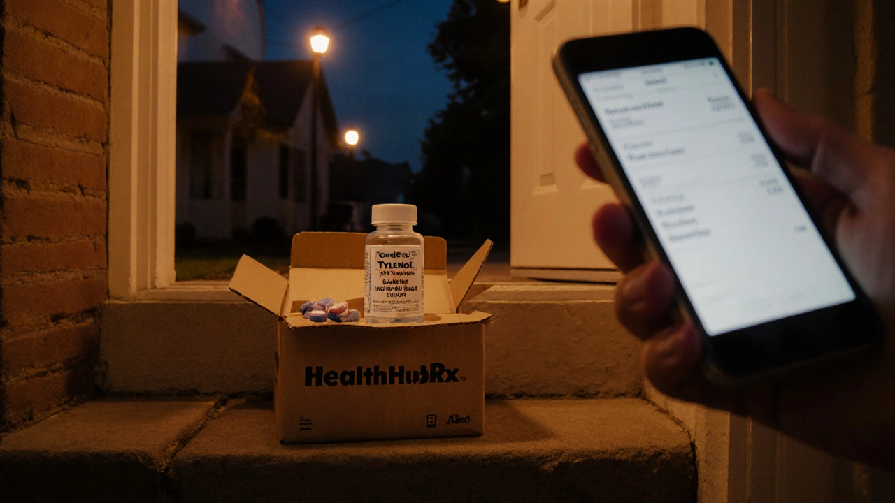 Delivered box of generic Tylenol on porch step with smartphone receipt and pill bottle in hand.
