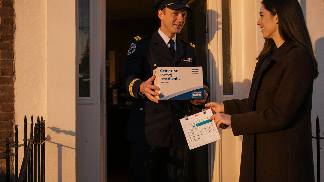 Delivery box of cetirizine handed to smiling customer at UK doorstep.