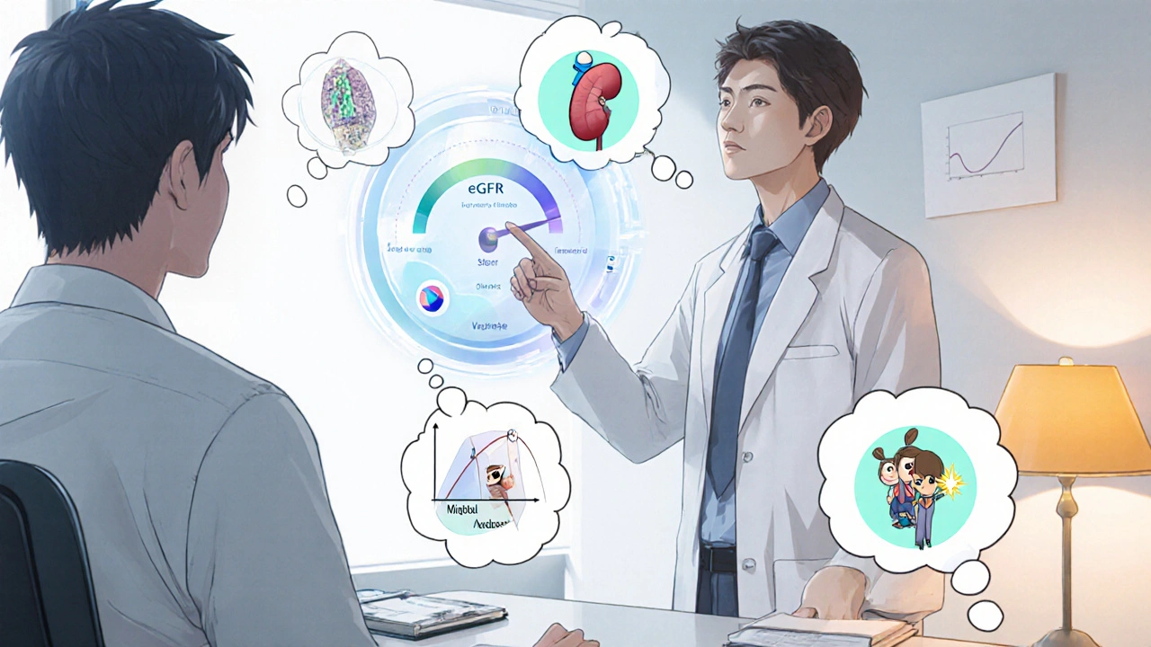 Doctor and patient reviewing a holographic eGFR display with medication avatars floating as thought bubbles.