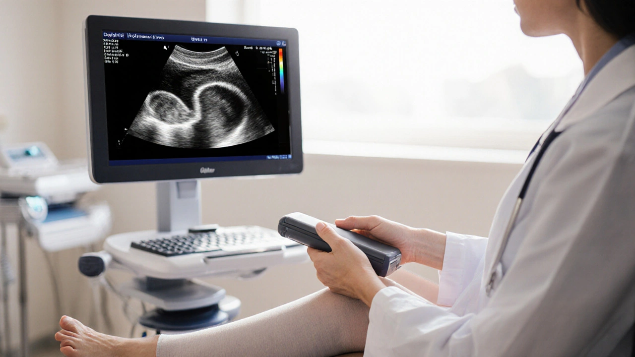 Doctor using a Doppler ultrasound on a patient&#039;s leg showing a clot.