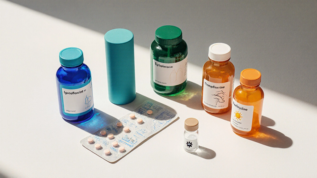Flat‑lay of six antibiotic bottles with tiny side‑effect icons beside each.