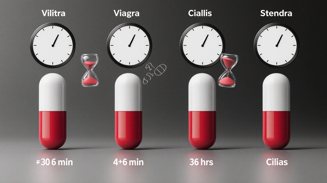 Four pills with clocks and hourglasses showing onset and duration, crimson accents on key icons.
