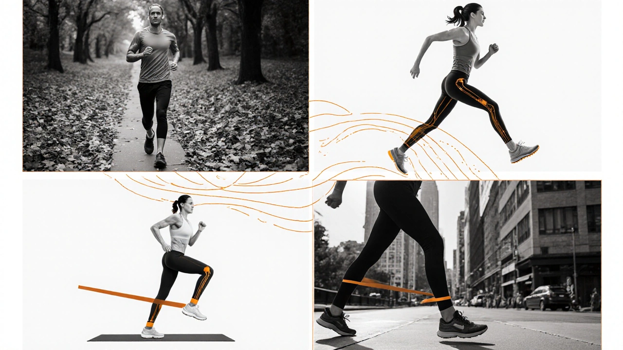Four split‑frame workouts: walking, jogging, resistance band, yoga, with amber stress lines.