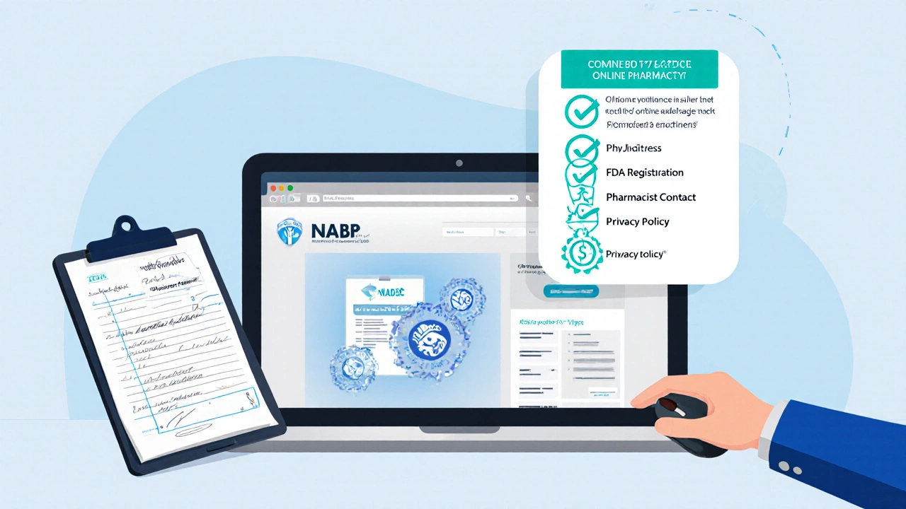 Illustration of a laptop screen displaying pharmacy verification badges beside a prescription.