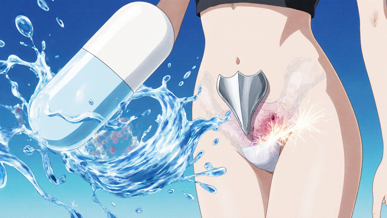 Illustration of a pill splitting into hormonal wave, anti‑androgen shield, and water droplets shrinking pelvic lesions.