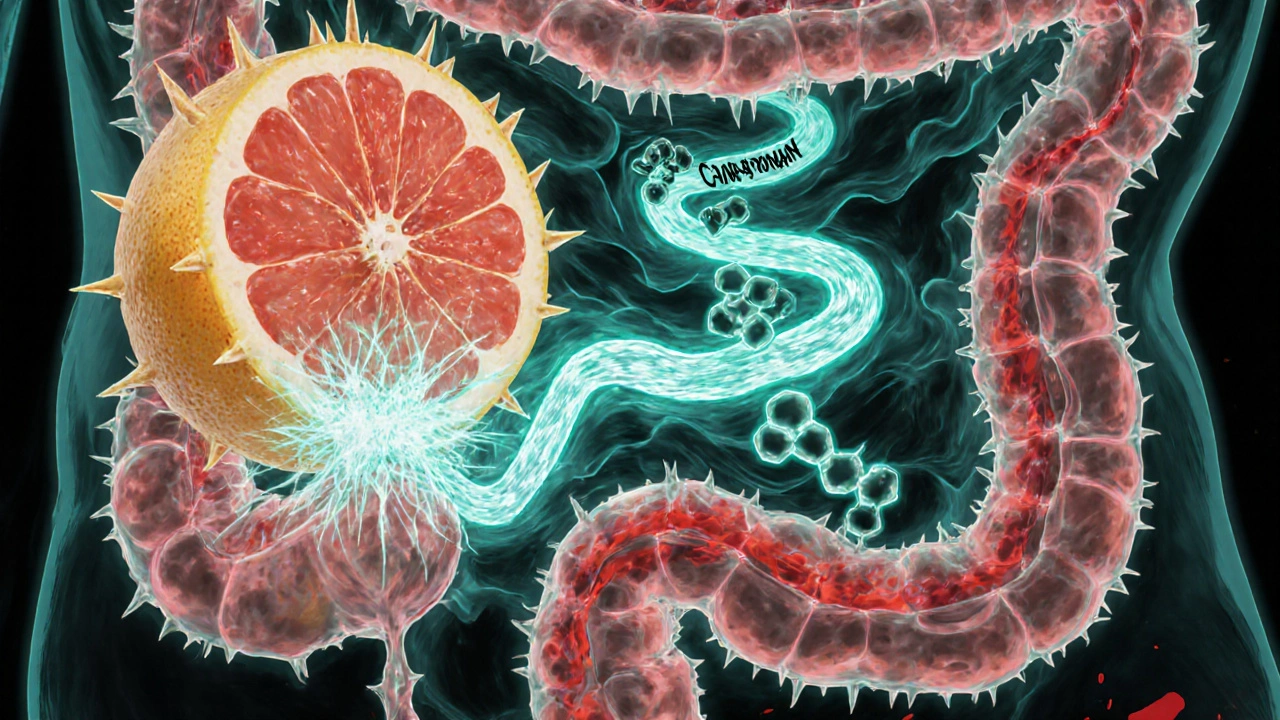 Internal view of the gut with grapefruit spikes blocking enzyme pathways as statin molecules flood the bloodstream.