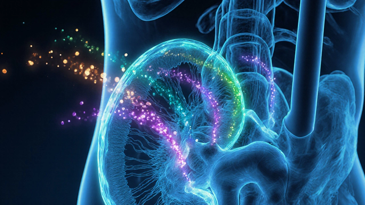 Kidney cross‑section showing the loop of Henle with glowing trails for four diuretics.