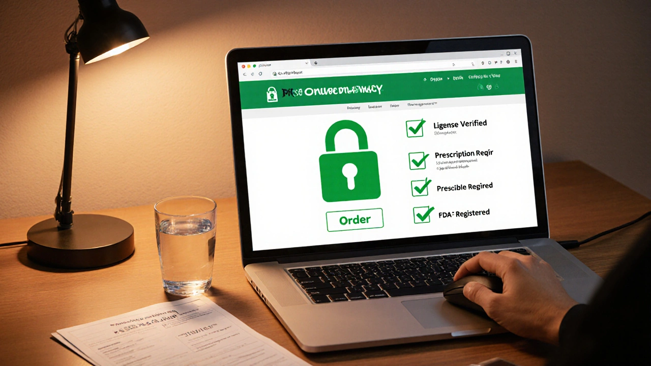 Laptop showing a secure pharmacy site with a prescription beside it.