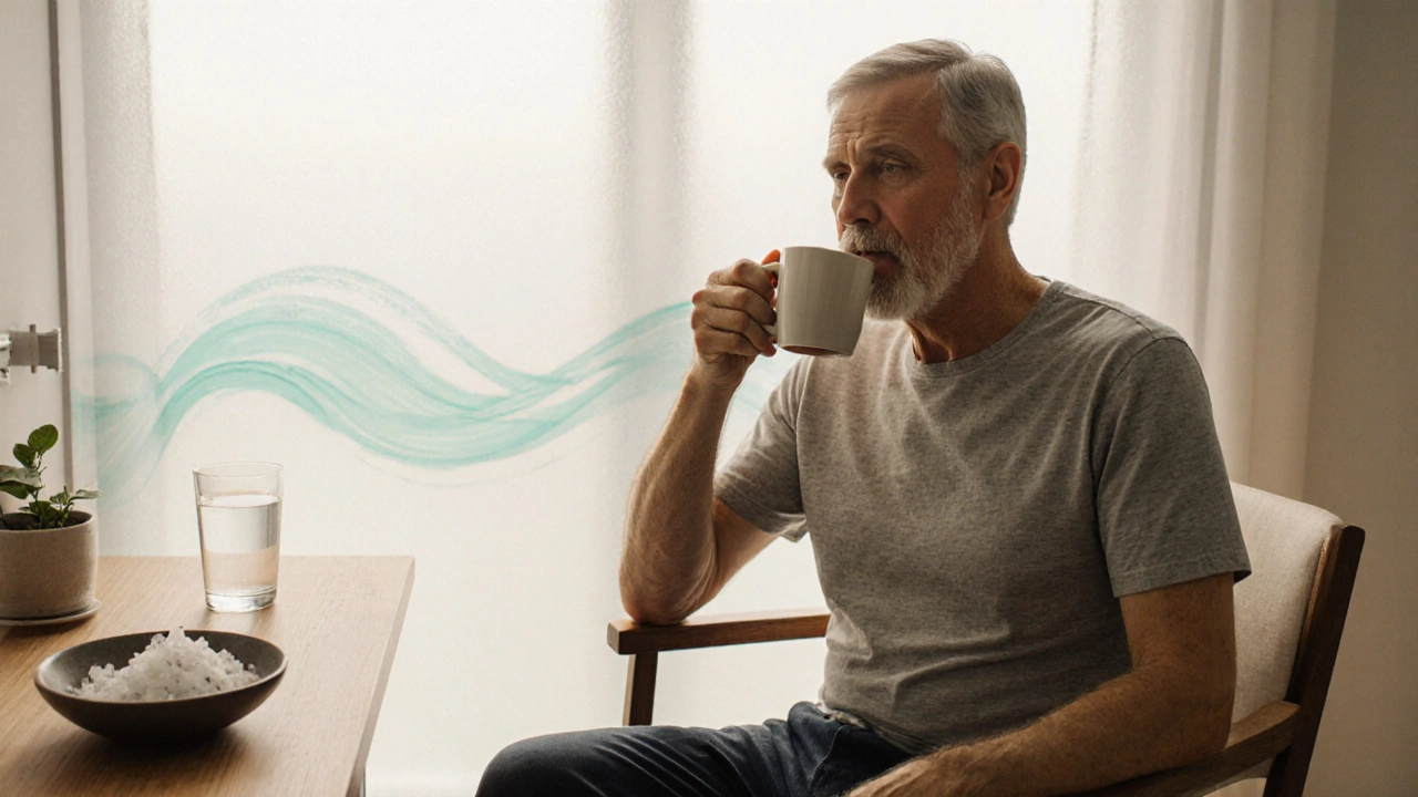 Man sipping warm tea and water in a bright bathroom, with subtle hints of pelvic floor exercise.