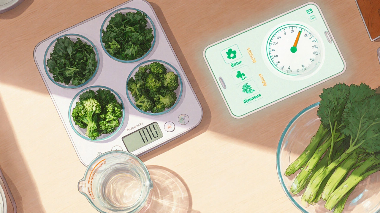 Measured portions of kale, spinach, broccoli, and asparagus with a kitchen scale and floating INR gauge.
