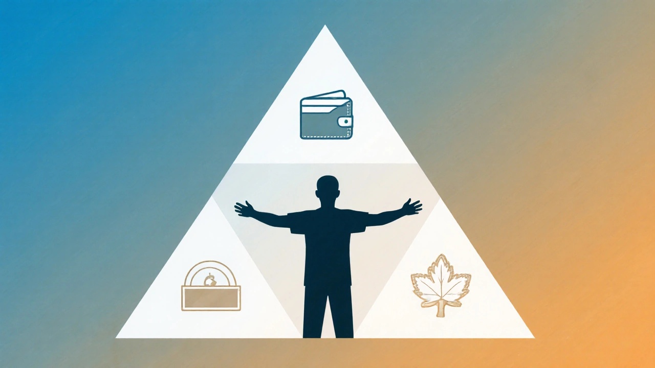 Minimalist illustration of a triangle balancing efficacy, cost, and tolerability around a patient silhouette.