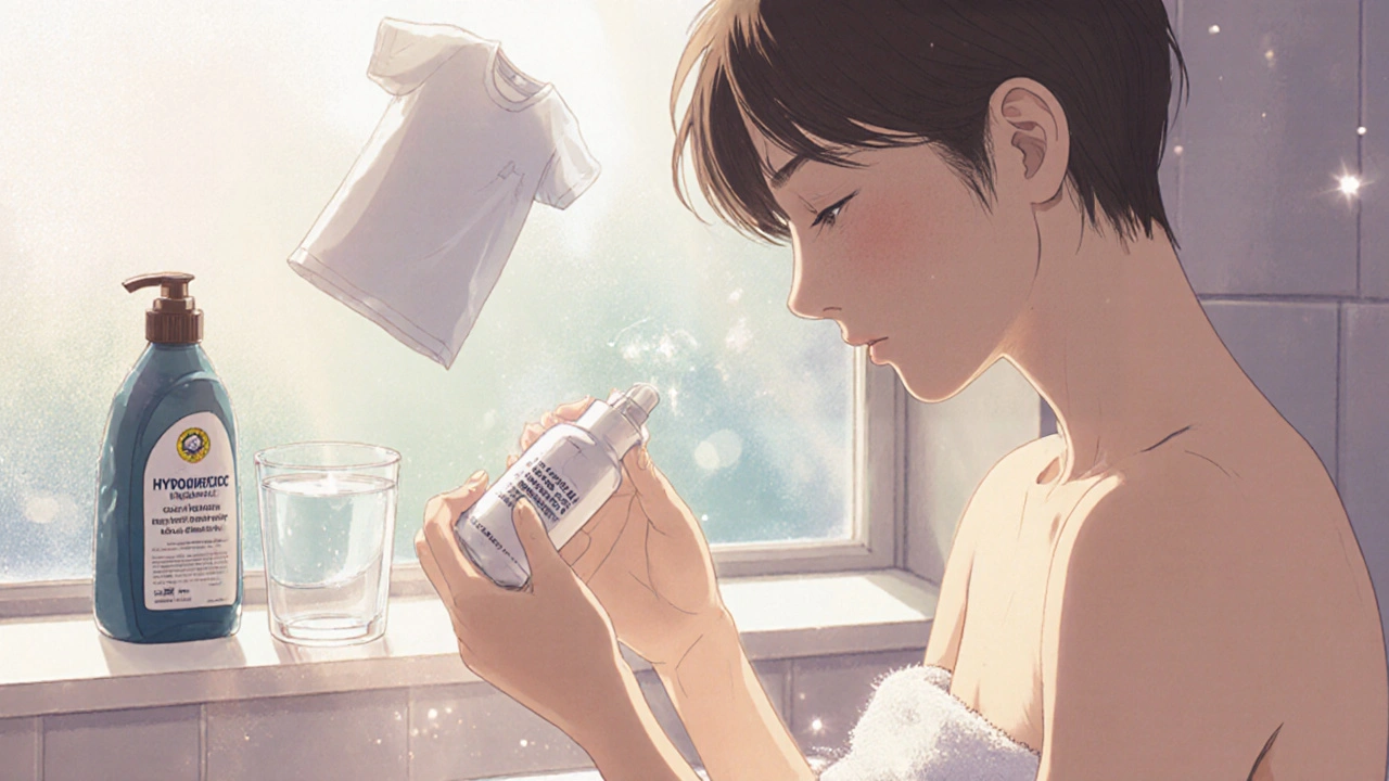 Morning bathroom scene of a person applying moisturizer after an oatmeal bath with calming natural items.