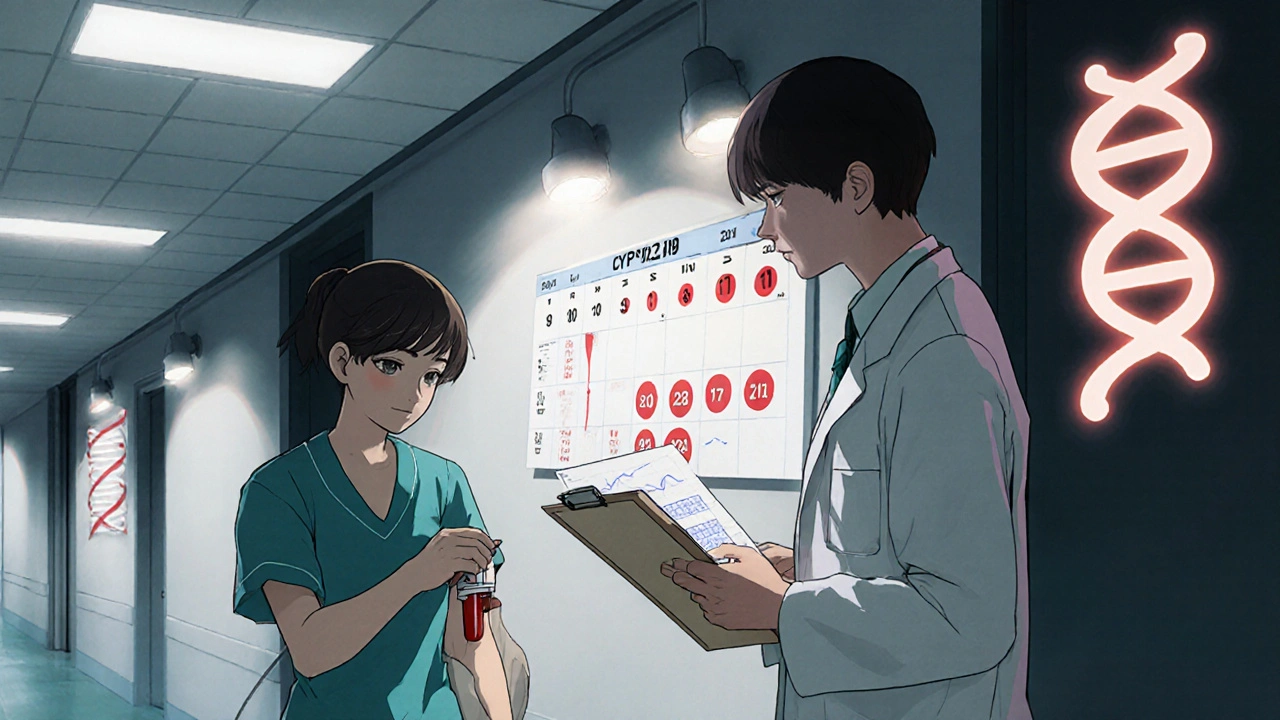 Nurse draws blood while doctor checks CBC trends and DNA test reminder in a hospital corridor.