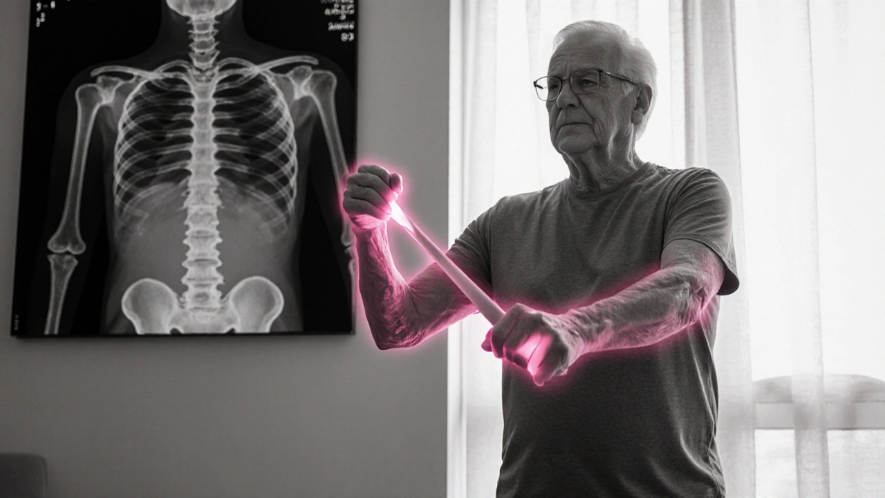 Older adult doing resistance band exercise by a window, rose‑pink bone highlight.