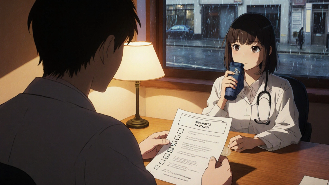 Patient and doctor discuss treatment options, showing a checklist and inhaler.