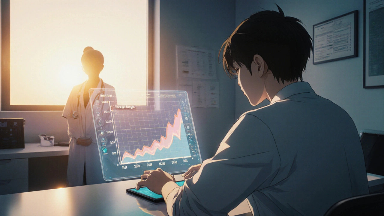 Patient reviews a stable INR trend on a tablet in a bright clinic with a doctor nearby.