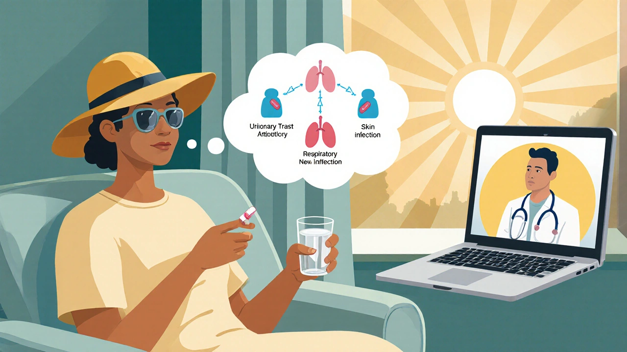 Patient with doctor on screen, wearing sun protection, thinking about antibiotic choices.
