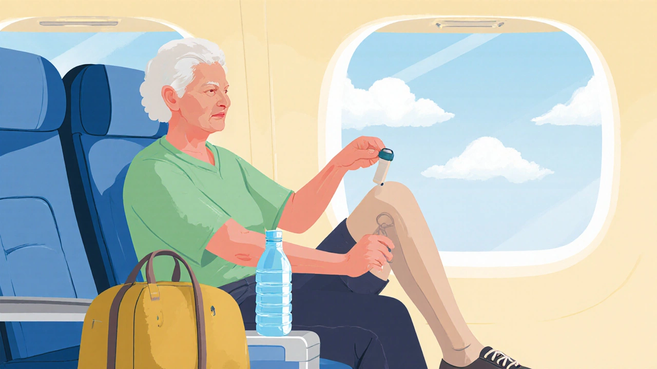 Person doing ankle pumps on a plane, wearing compression stockings and drinking water.