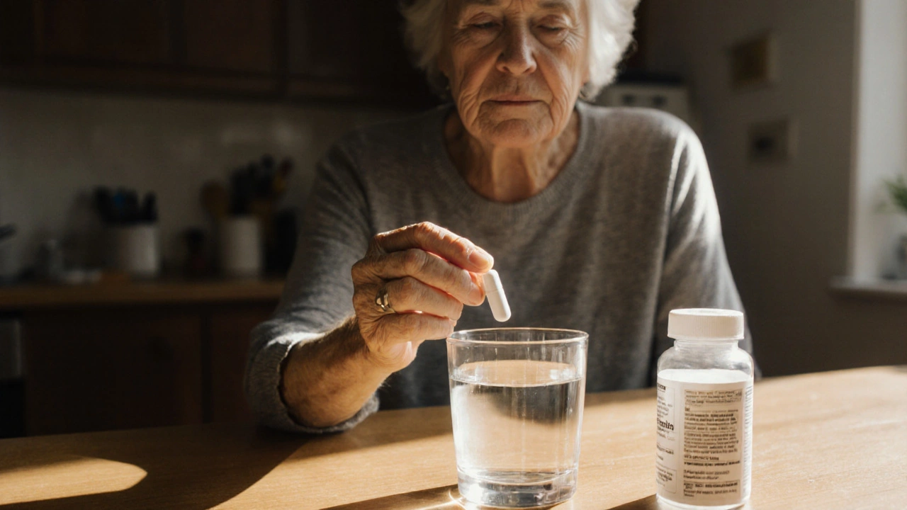 Person holding a torsemide tablet beside a glass of water in morning sunlight.