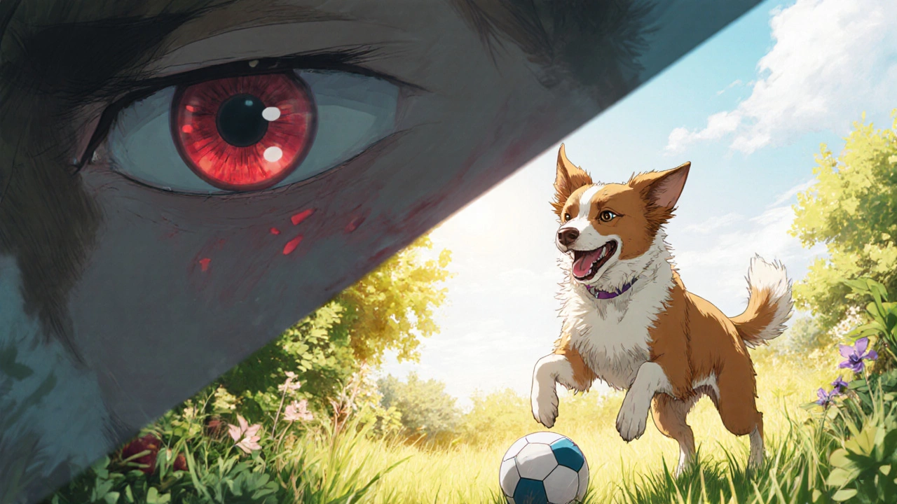 Recovered dog playing happily in a sunny garden with clear eyes.