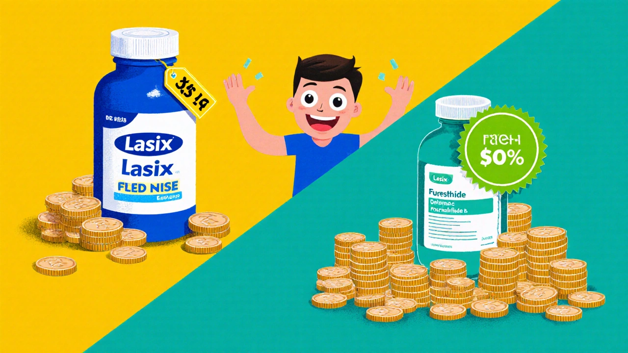 Side‑by‑side comparison of brand and generic Lasix with coins and a happy shopper.