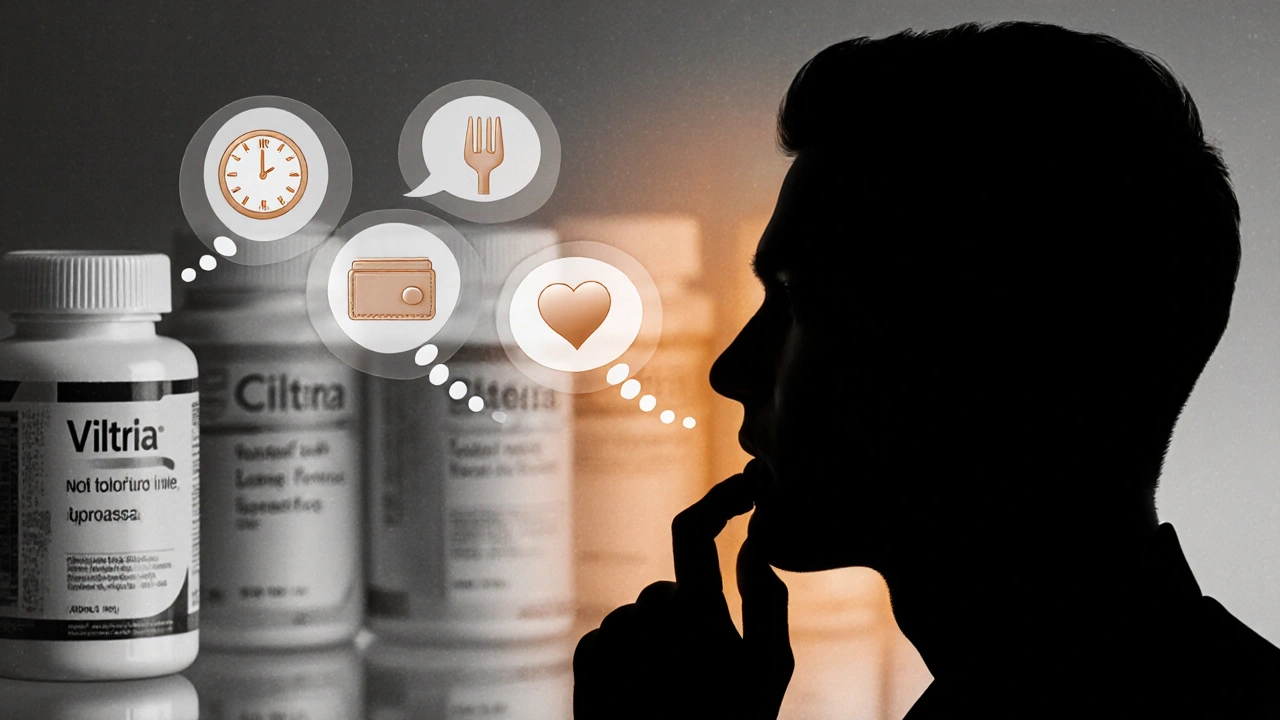 Silhouette of man pondering pills, thought bubbles for timing, food, cost, and health, amber highlights.