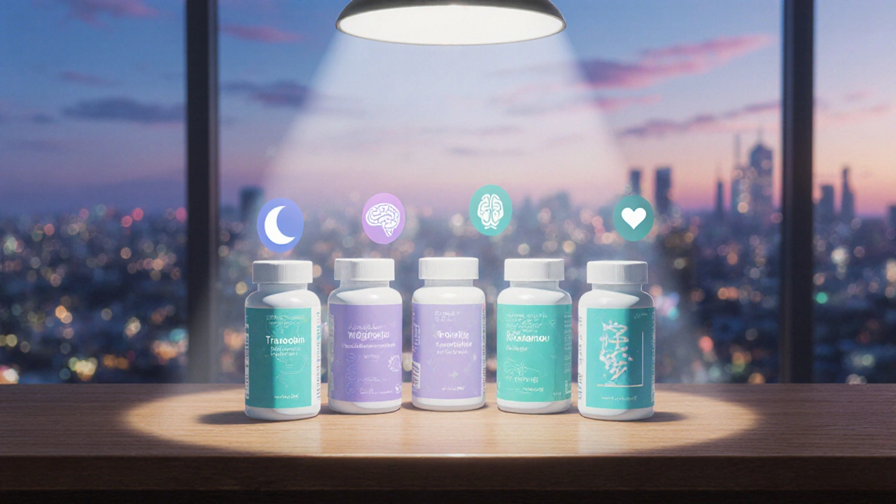Six medication bottles with glowing auras and symbolic icons on a illuminated tabletop.