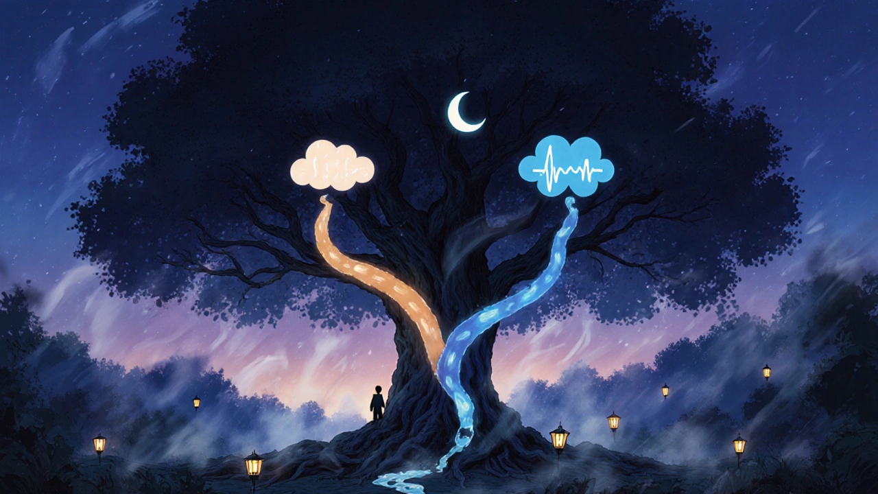 Surreal forest clearing with a branching tree representing medication choices.