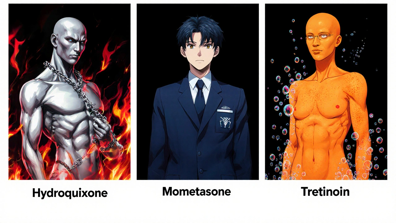 Three characters illustrate hydroquinone, mometasone, and tretinoin side effects.