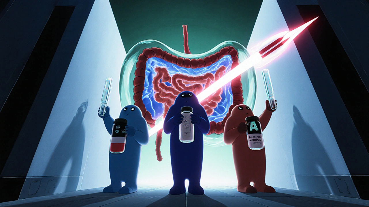 Three characters representing Miglitol, Acarbose, and Voglibose stand in an intestinal tunnel with a floating kidney.