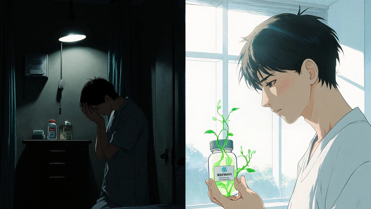 Two contrasting hospital rooms showing the emotional impact of switching from Sustiva to a newer HIV medication.