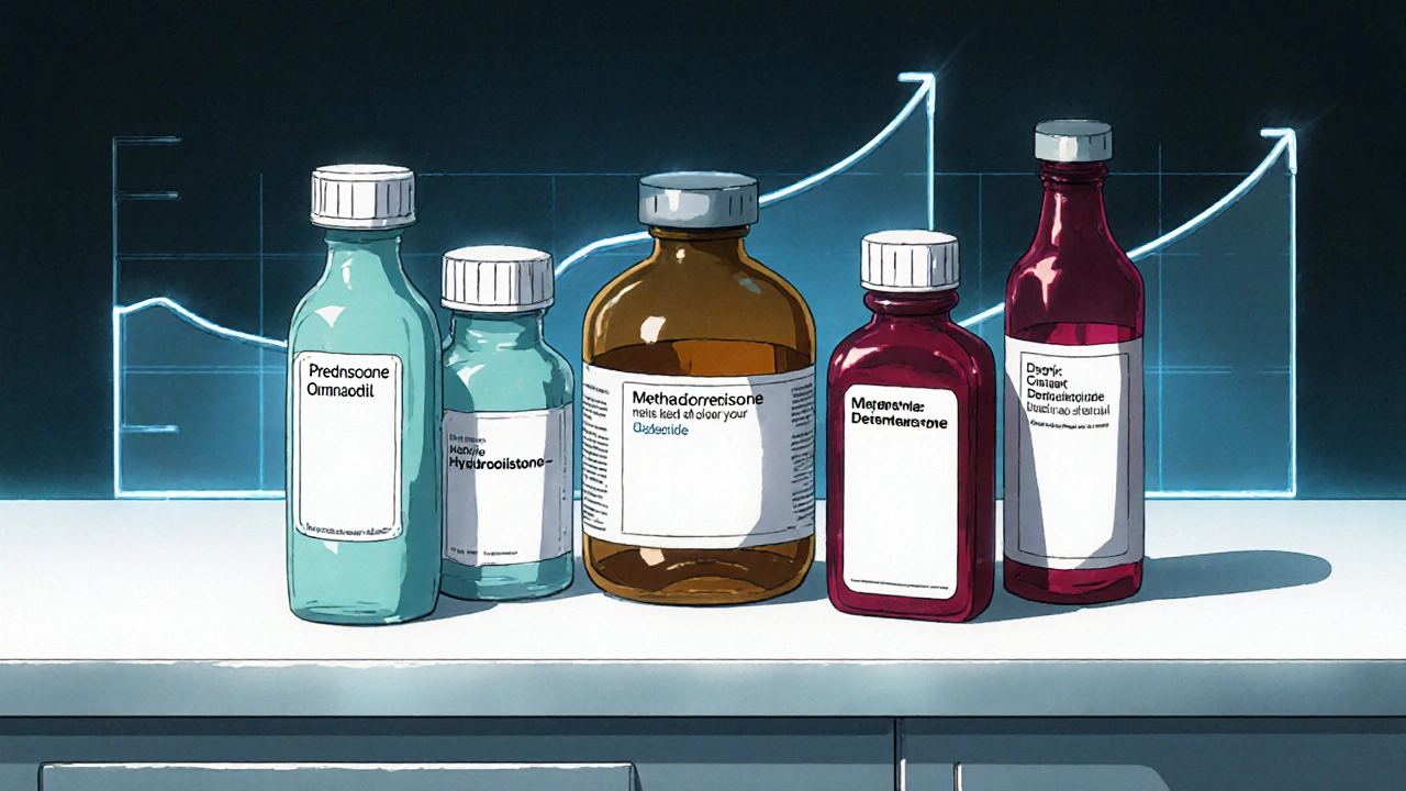 Various steroid medication bottles arranged on a lab counter, each distinct in color and shape.