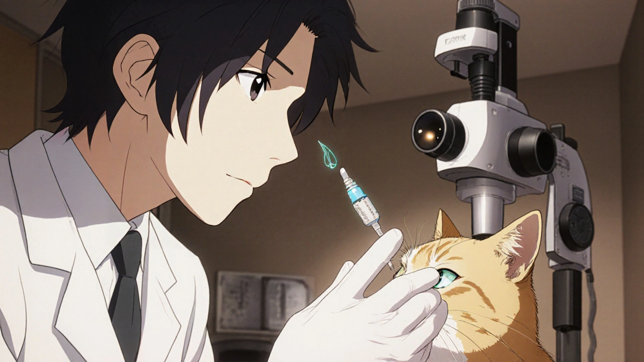 Veterinarian applying a besifloxacin drop to a cat&#039;s eye in a clinic.