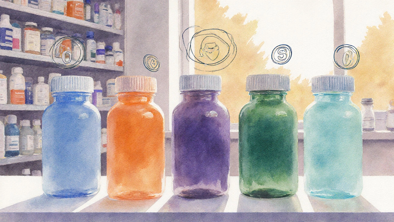 Watercolor view of assorted bladder medication bottles arranged on a pharmacy counter.