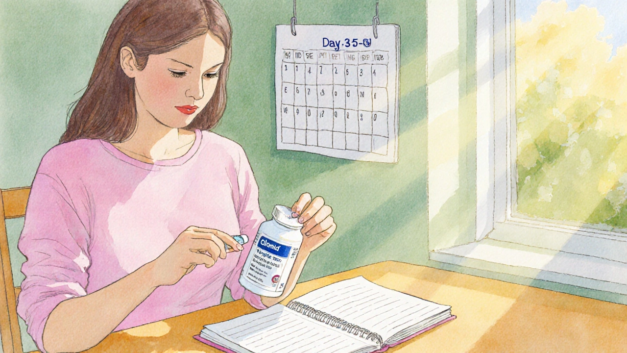 Woman at a kitchen table logging her Clomid dosage on a calendar.