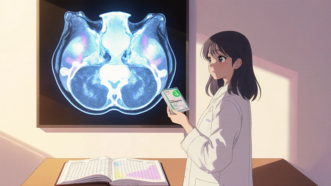 Woman standing beside an MRI scan, holding an 84‑day pill pack and a diary showing decreased pain.