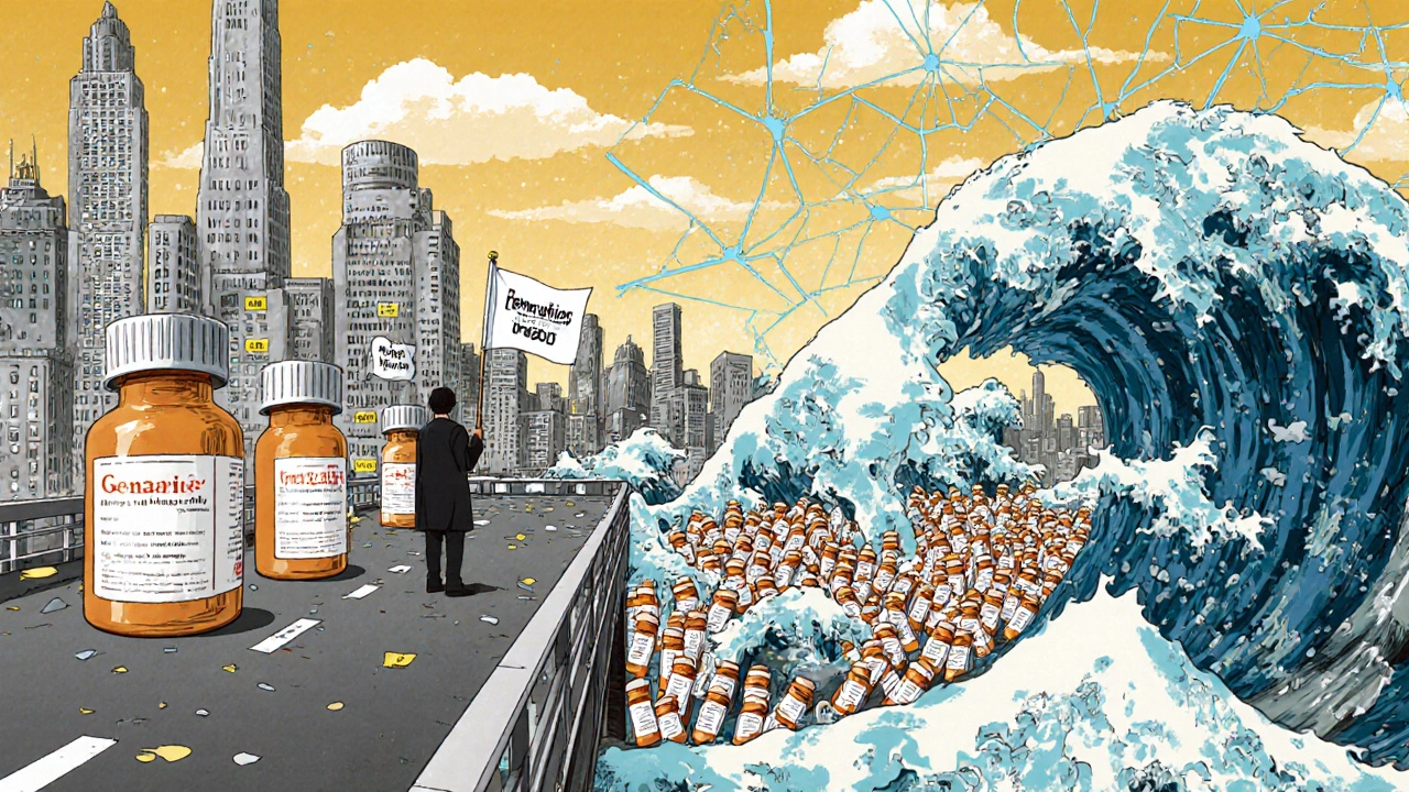 A city of drug vials as skyscrapers, with a tidal wave of generics crashing as the first entrant holds a 180-day flag.
