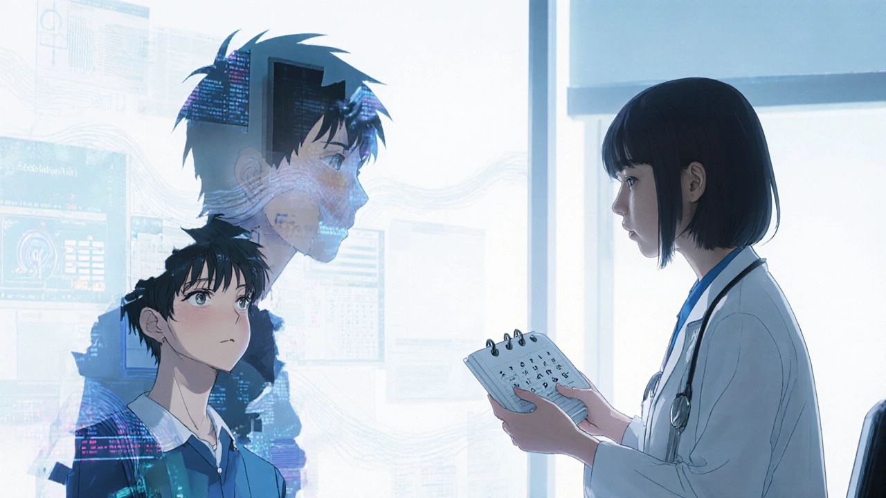 A doctor and young patient sit in a clinic, their shadows morphing into emotional states, surrounded by abstract medical data streams.