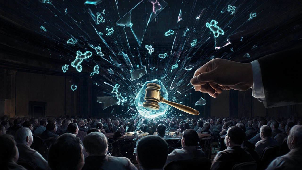 A fragmented biologic patent crystal with only 26 lit nodes shatters as a lawyer pulls one shard into a functioning molecule.