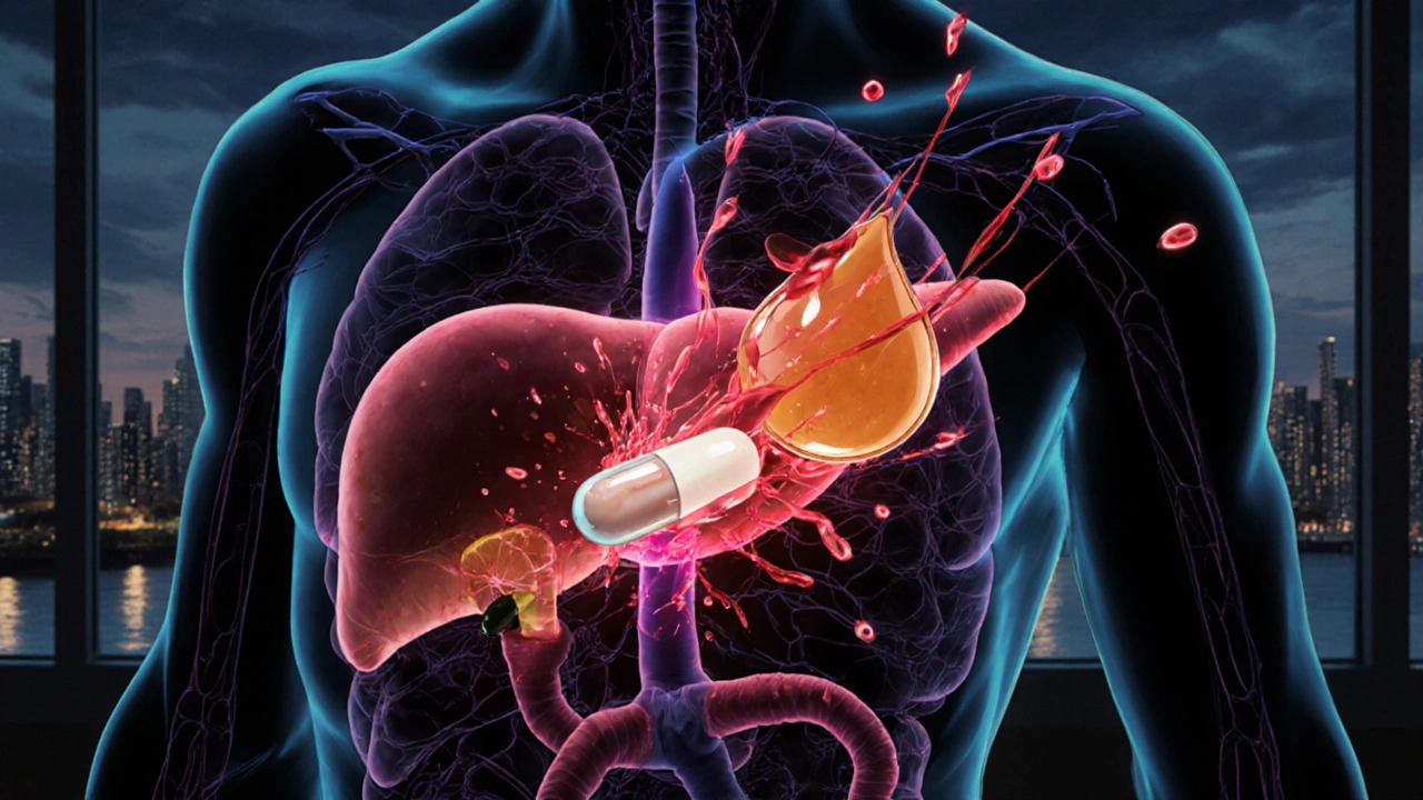 A glowing human liver under attack by a statin and grapefruit juice, with violent red shockwaves spreading through its vessels.