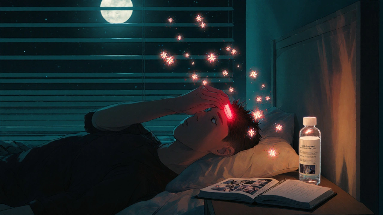 A man uses a laser cap at night, glowing hair follicles blooming above his scalp in moonlit stillness.