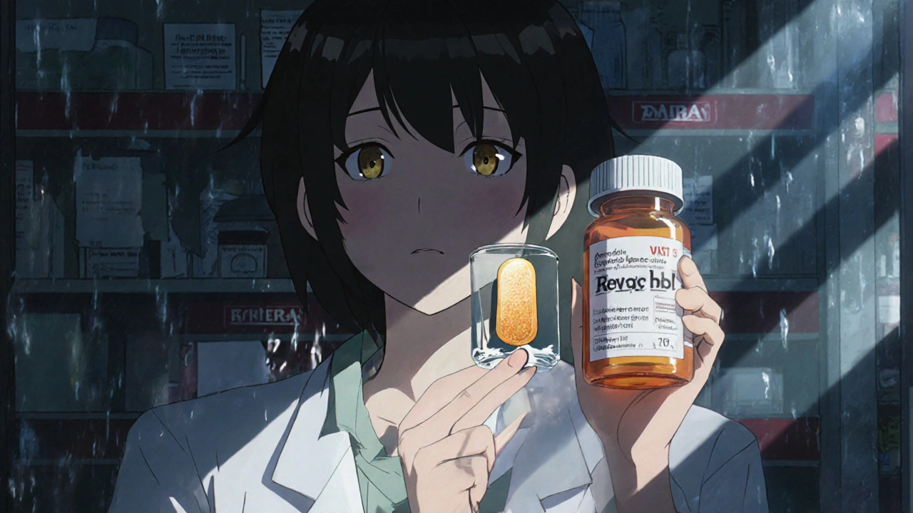 A patient holding a prescription bottle, their reflection showing the same pill as an authorized generic, rain on the window behind.