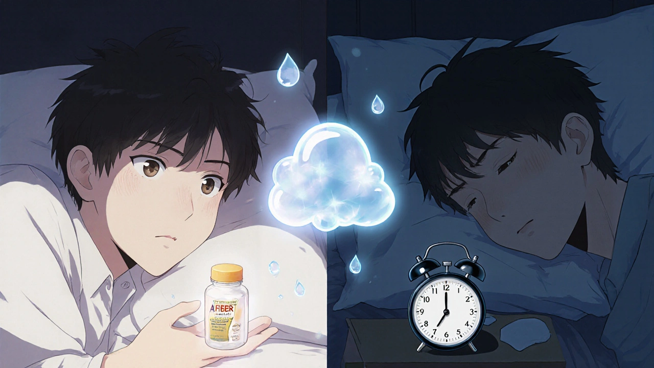 A person in bed at night, separated by a gel cloud from a peaceful version of themselves, with a clock showing 3 a.m.