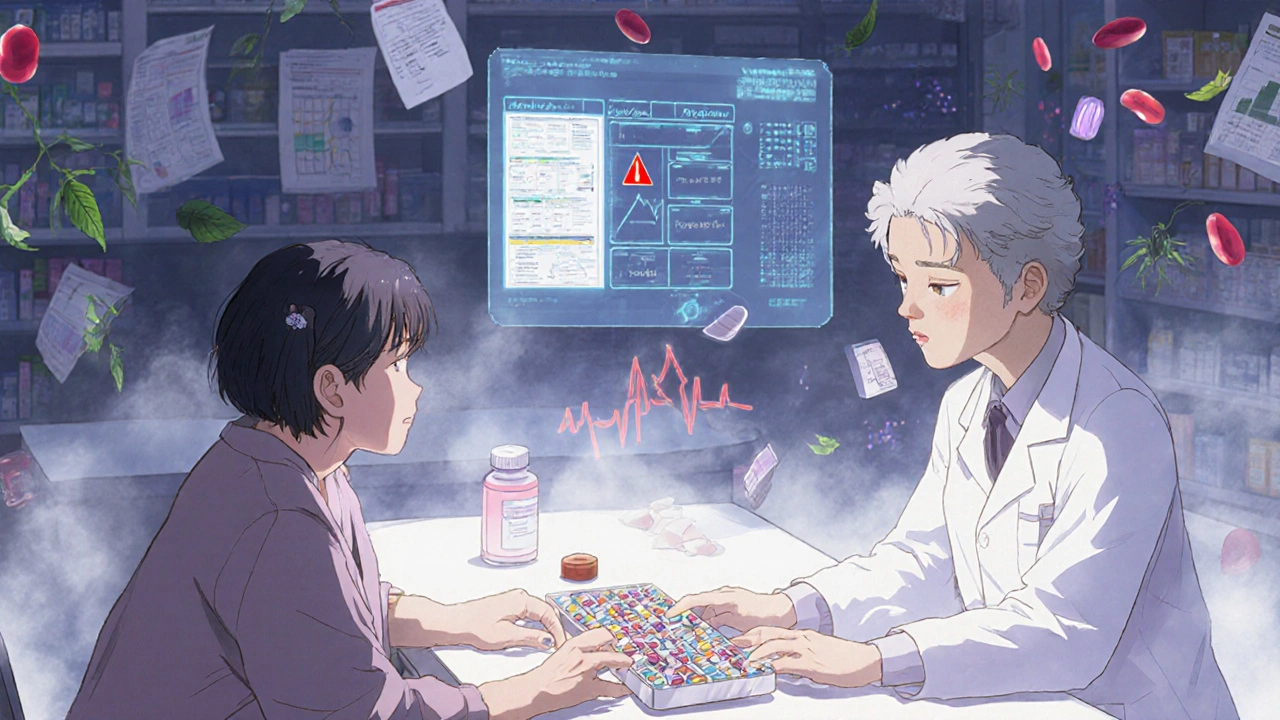 A pharmacist and elderly woman reviewing a holographic drug interaction alert in a quiet pharmacy.